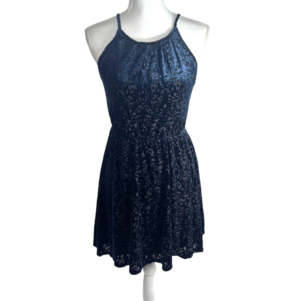 Velvet Burnout Dress Blue Black Halter Short Whimsigoth Fairy Grunge Y2K Medium